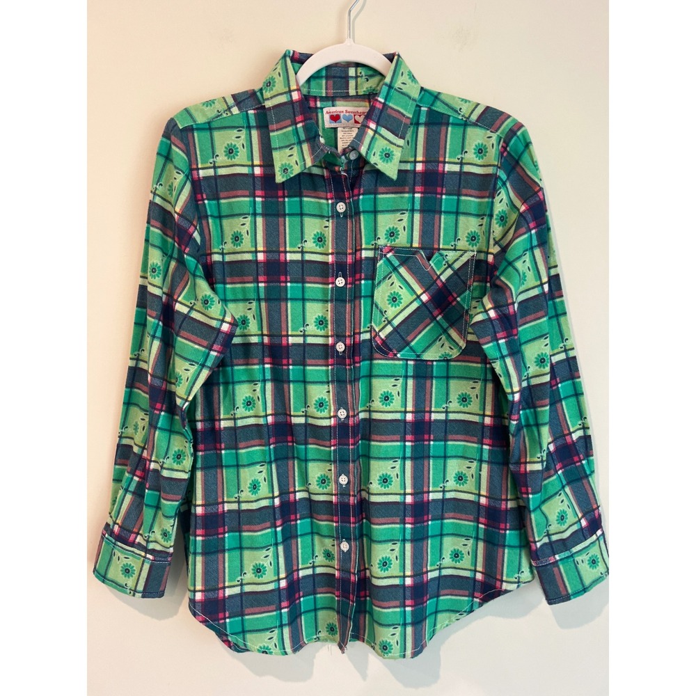 Vintage Women's Green Plaid Floral Button Up Shirt Size Medium‎ Cottagecore